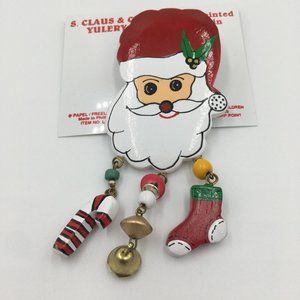 Hand-Painted VINTAGE Wooden BROOCH Pin, Dangling Candy Cane Stocking Bells, Red